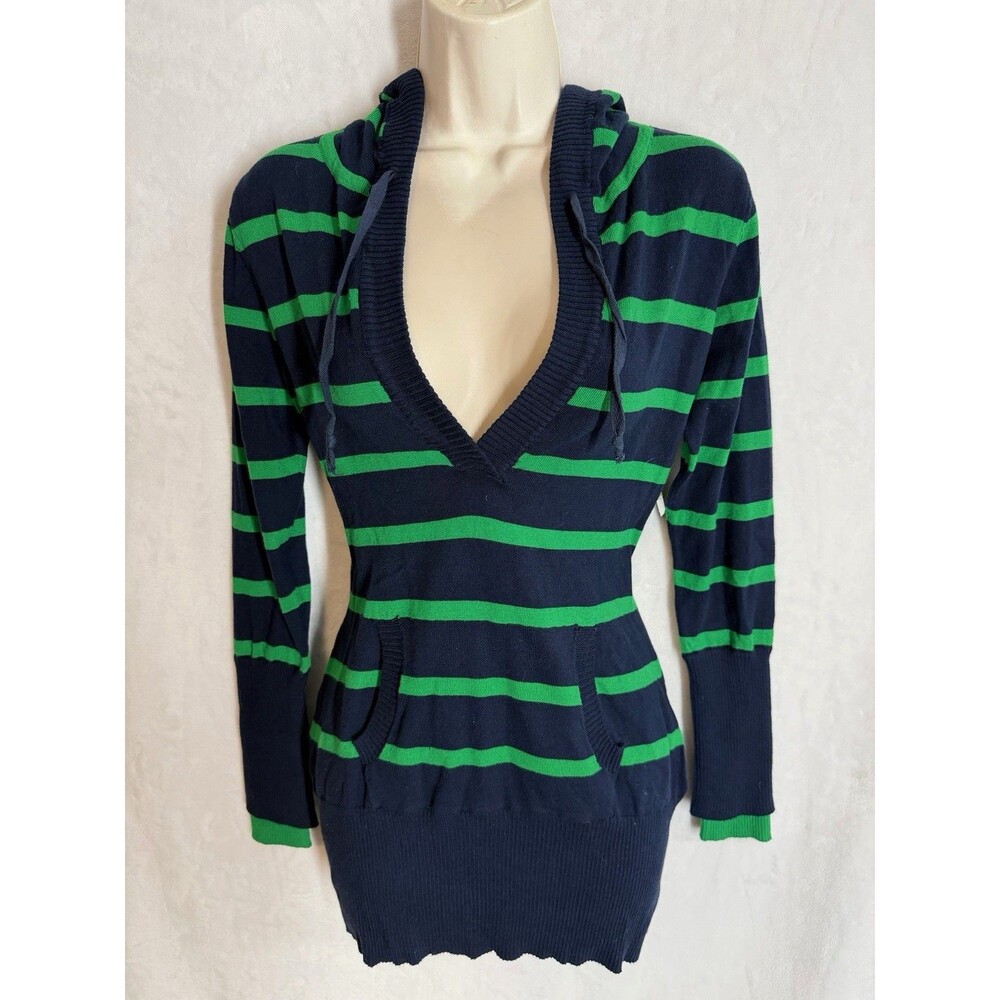 Vintage Derek Heart Sweater Womens M Blue green Striped V Neck Hoodie Y2K Preppy